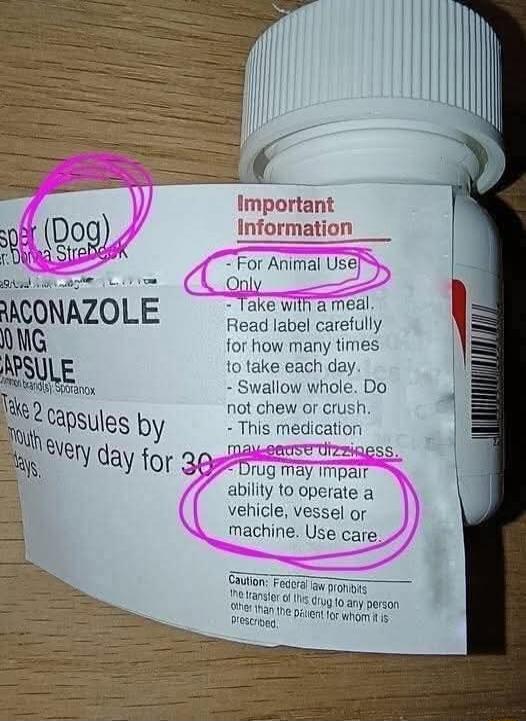 Important Information. For Animal Use Only. Take with a meal. Read label carefully for how many times to take each day. Swallow whole. Do not chew or crush. This medication may cause dizziness. Drug may impair ability to operate a vehicle, vessel or machine. Use care. Caution: Federal law prohibits the transfer of this drug to any person other than