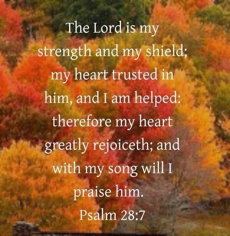The Lord is my strength and my shield; my heart trusted in him, and I am helped: therefore my heart greatly rejoiceth; and with my song will I praise him. Psalm 28:7