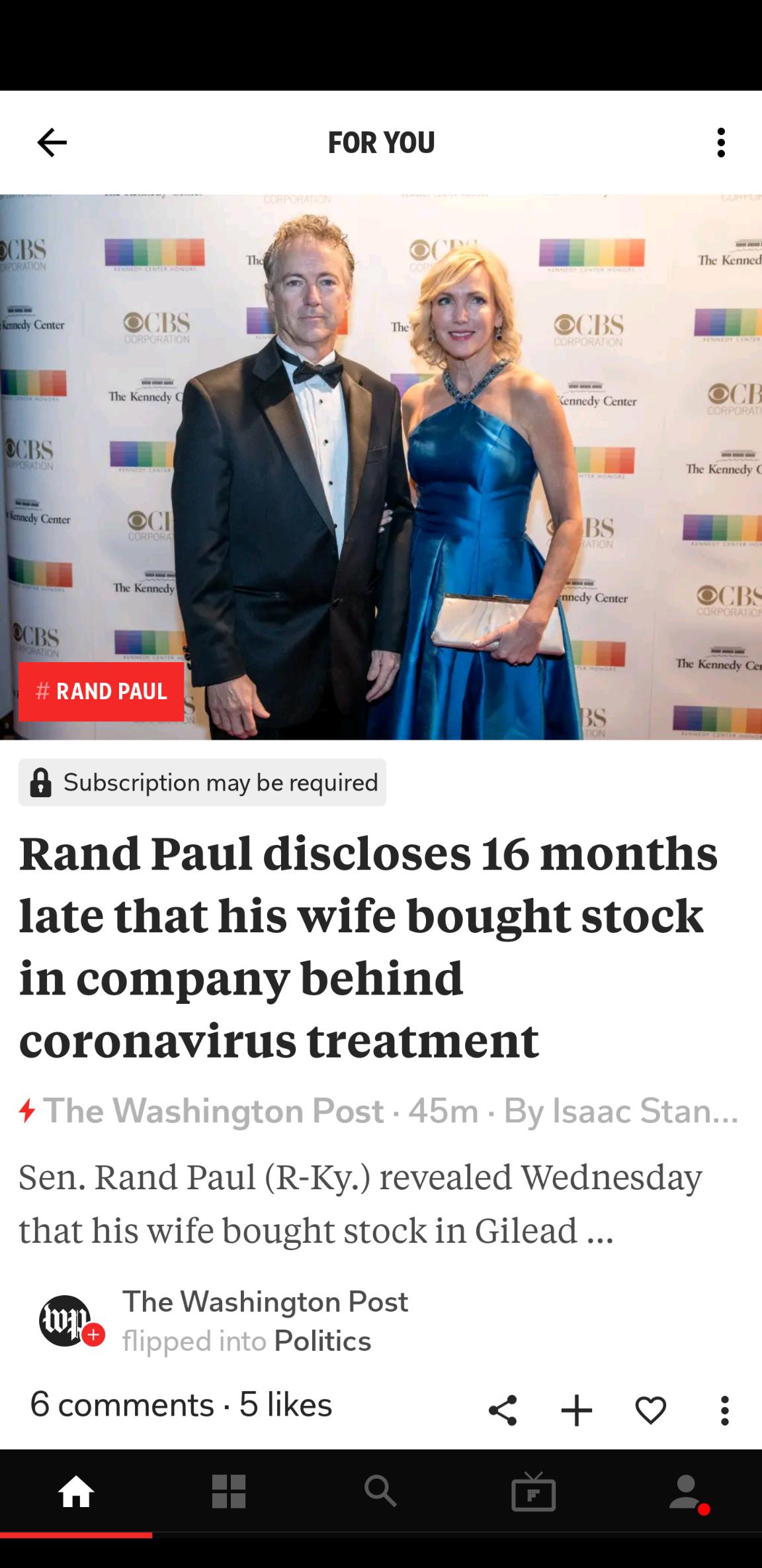 FORYOU a Subscription may be required Rand Paul discloses 16 months late that his wife bought stock in company behind coronavirus treatment Sen Rand Paul R Ky revealed Wednesday that his wife bought stock in Gilead The Washington Post Politics 6 comments 5 likes 4