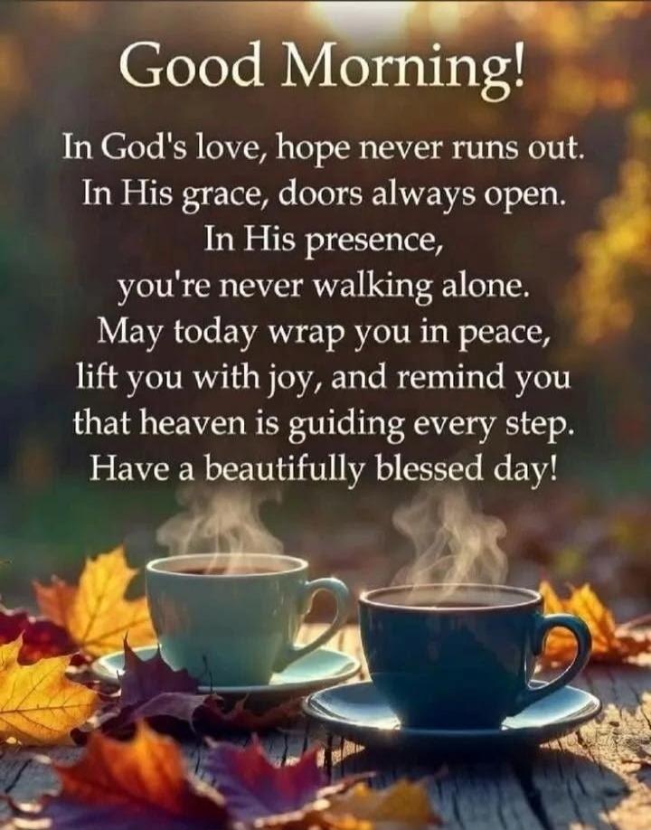 Good Morning! In God's love, hope never runs out. In His grace, doors always open. In His presence, you're never walking alone. May today wrap you in peace, lift you with joy, and remind you that heaven is guiding every step. Have a beautifully blessed day!