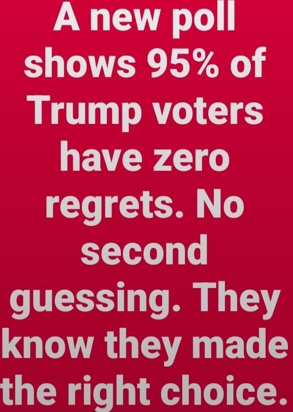 A new poll shows 95% of Trump voters have zero regrets. No second guessing. They know they made the right choice.