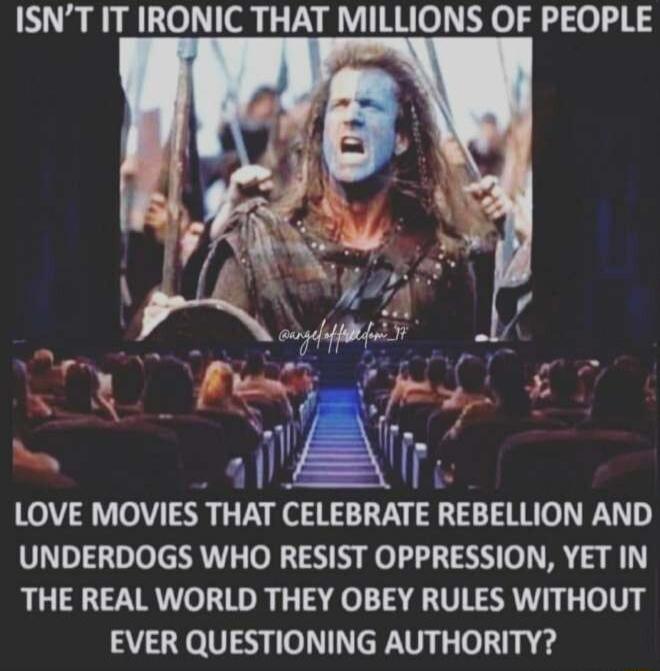 ISNT IT IRONIC THAT MILLIONS OF PEOPLE n LOVE MOVIES THAT CELEBRATE REBELLION AND UNDERDOGS WHO RESIST OPPRESSION YET IN THE REAL WORLD THEY OBEY RULES WITHOUT EVER QUESTIONING AUTHORITY