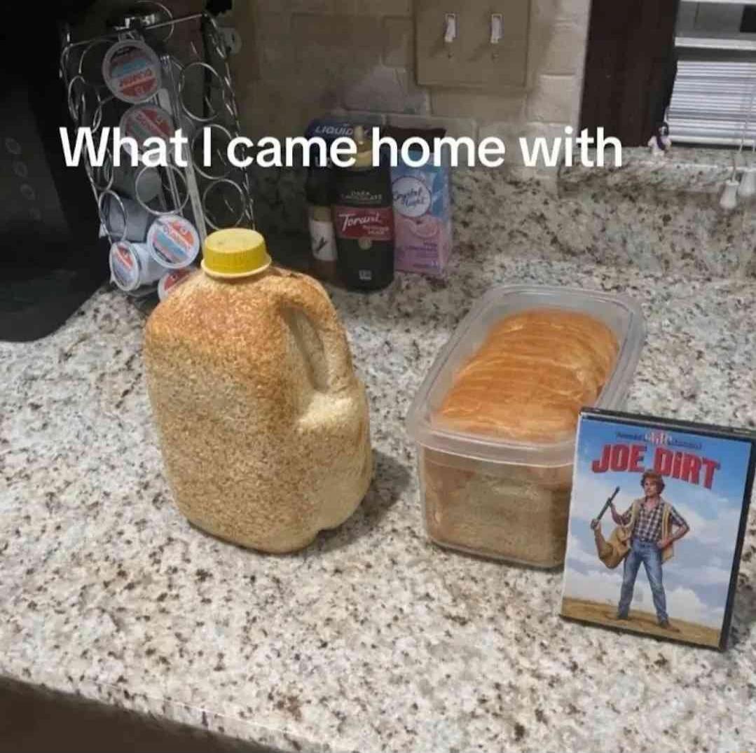 What I came home with. A gallon jug covered in breading, a container of sliced bread, and a DVD of the movie Joe Dirt are displayed on a kitchen counter.
