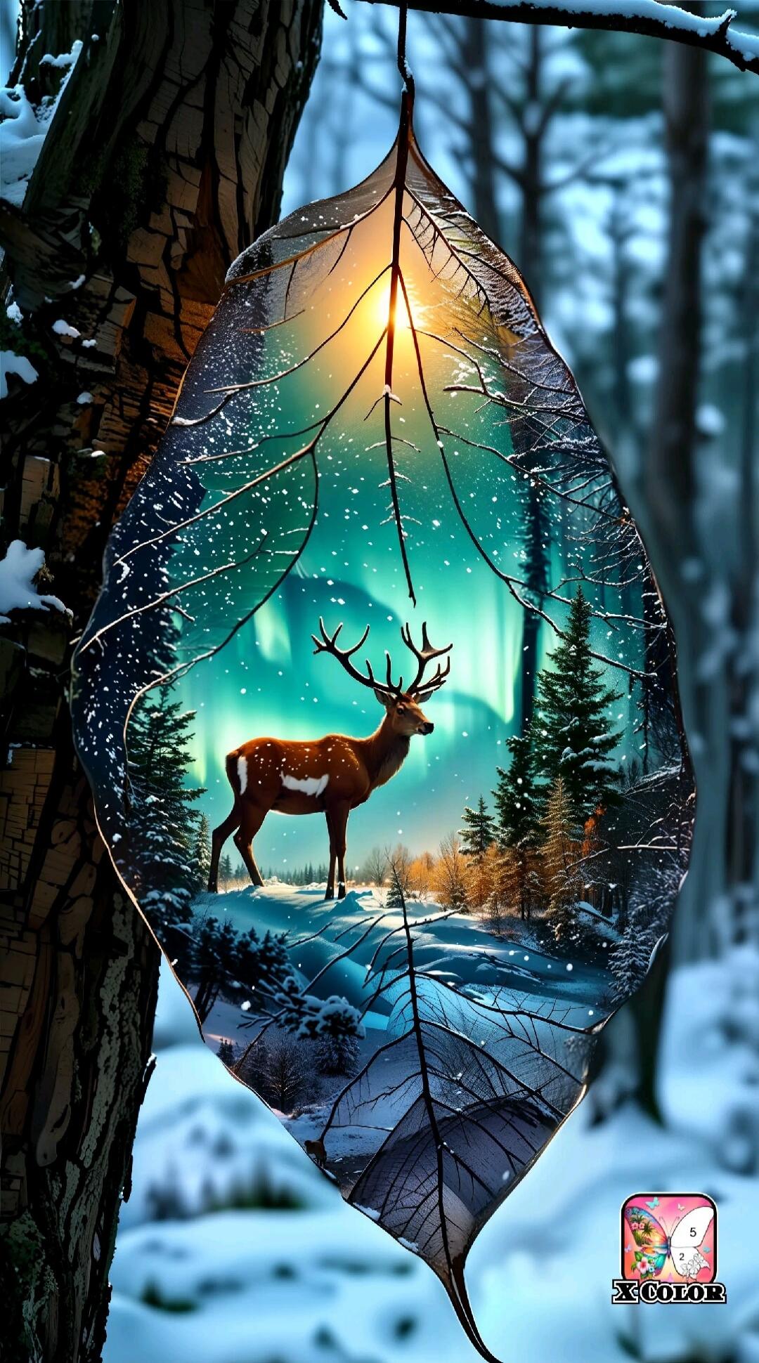 A leaf-shaped frame hanging on a tree in a snowy forest. Inside the leaf, a glowing sun or aurora shines behind a deer with antlers, standing on a snowy landscape with evergreen trees. Snowflakes cling to the leaf edges, and the background shows a cool blue winter scene with an aurora borealis. A small logo or watermark reading 'X COLOR' appears in