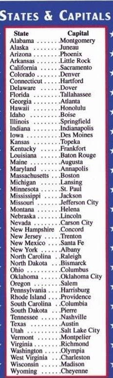 STATES CAPITA Capiital Montgomery Juncay Phoenix Little Rock Sacramento Denver Conneticui Hartford Delaware Dover Florida Tallahassee Atlanta Honolulu L Bose linois Springfield Indiana Indianapolis Towa Des Moines Kansas Toy Kentucky Frankfort Baton Rouge Augusta Auhapalis Boston Jackson Jefferson City Pennsylvania Rhode Island South Carolina South Dakota Tennessee Texas Utah Vermont Virginia Wash