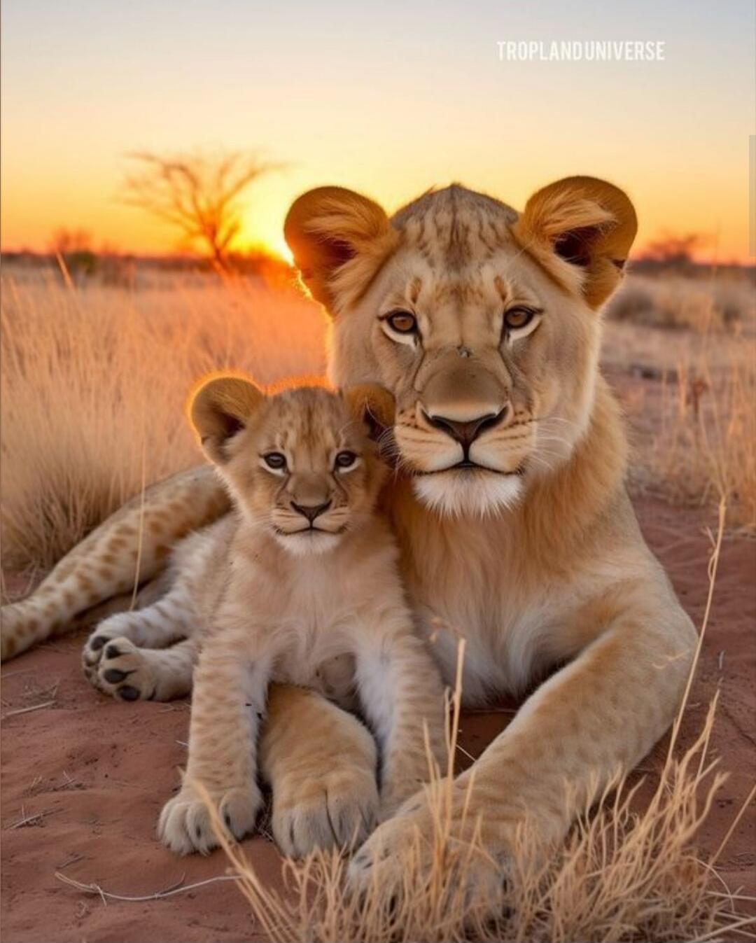 Two lions, an adult and a cub, resting on grass at sunset.