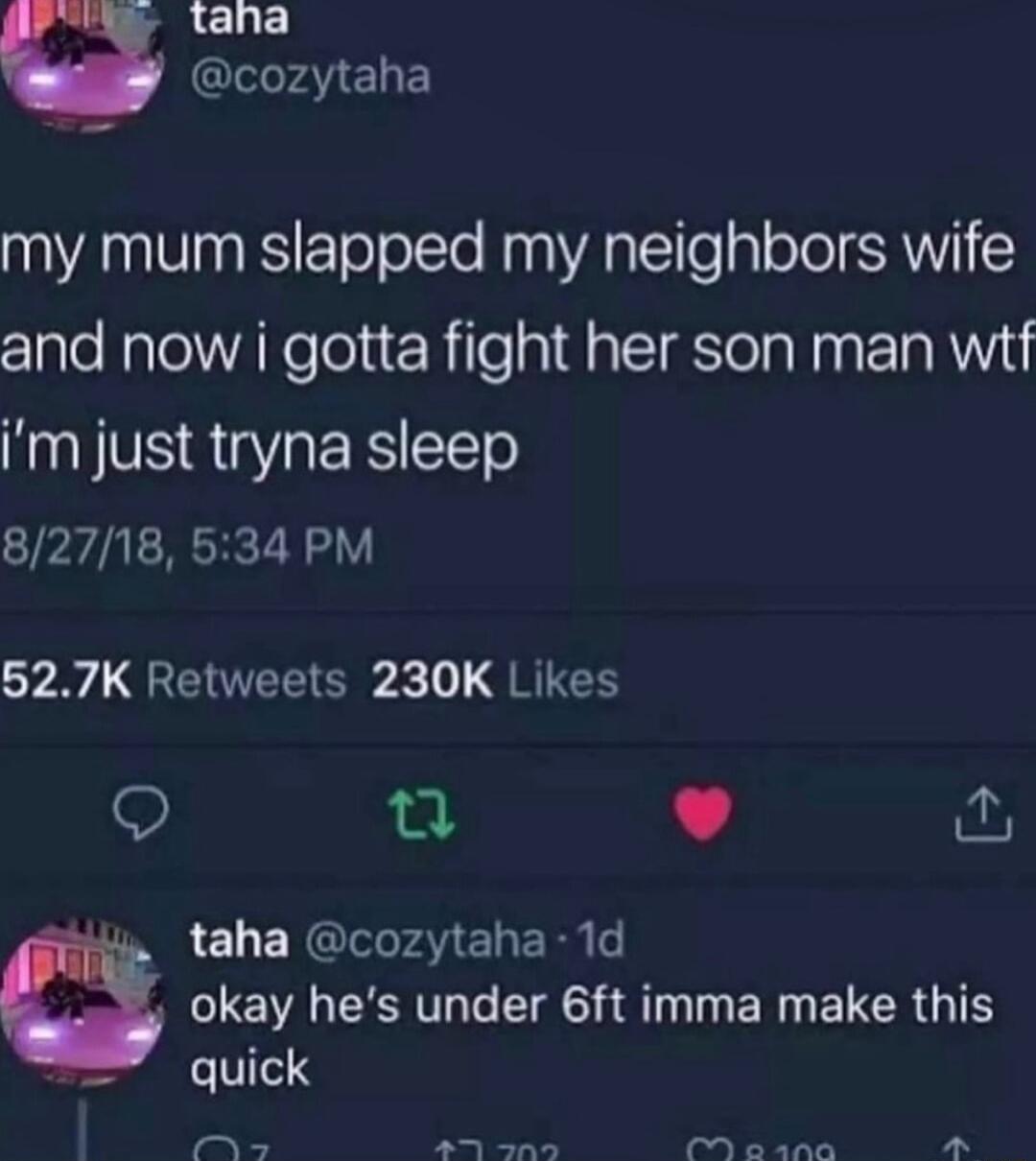 taha A ELE my mum slapped my neighbors wife and now i gotta fight her son man witf m just tryna sleep 82718 534 PM 527K Retweets 230K Likes Q Q L J taha cozytaha 1d okay hes under 6ft imma make this e Sy o 1na