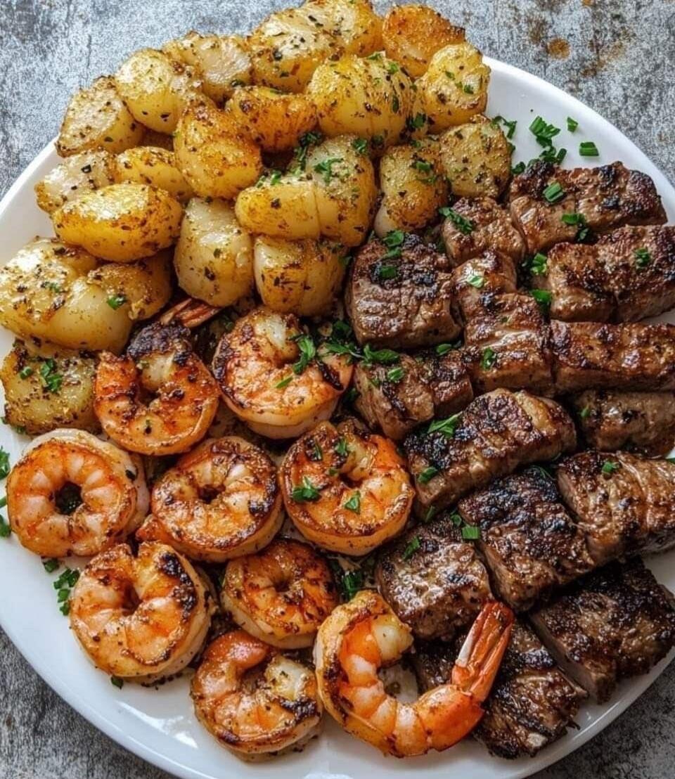 A plate of food with grilled shrimp, steak, and potatoes.