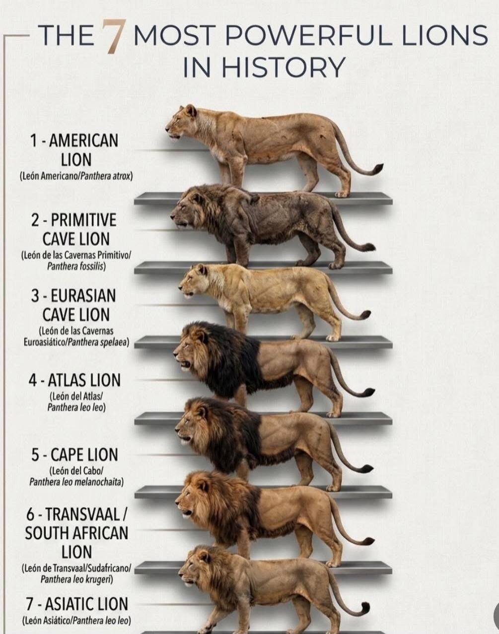 THE 7 MOST POWERFUL LIONS IN HISTORY 1 - AMERICAN LION (León Americano/Panthera atrox) 2 - PRIMITIVE CAVE LION (León de las Cavernas Primitivo/Panthera fossilis) 3 - EURASIAN CAVE LION (León de las Cavernas Euroasiático/Panthera spelaea) 4 - ATLAS LION (León del Atlas/Panthera leo leo) 5 - CAPE LION (León del Cabo/Panthera leo melanochaita) 6 - TRA