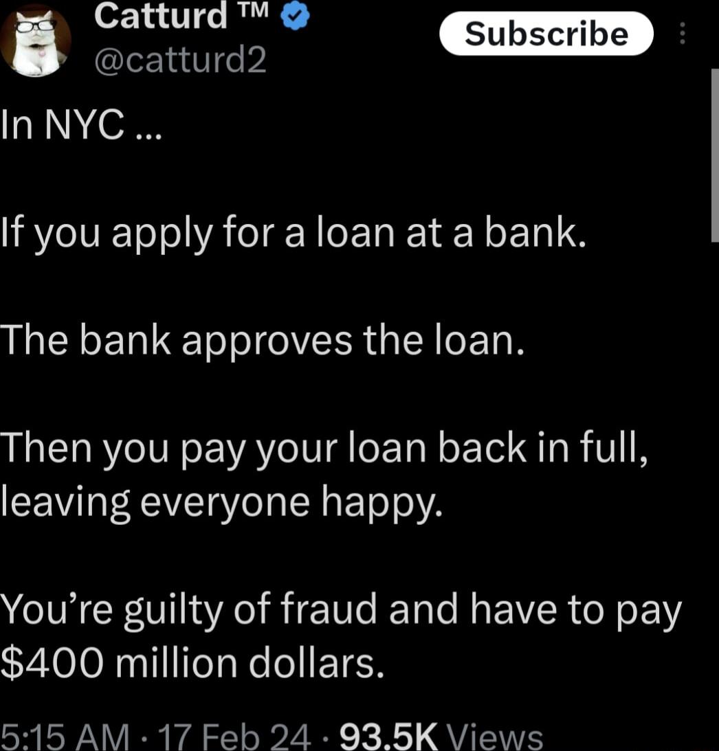 batuire LW LERT e INnNYC If you apply for aloan at a bank The bank approves the loan Then you pay your loan back in full LT eIVTaVeTa IR ETo oA Youre guilty of fraud and have to pay T eRNTIITST N oETEN 515 AM 17 Feb 24 935K Views