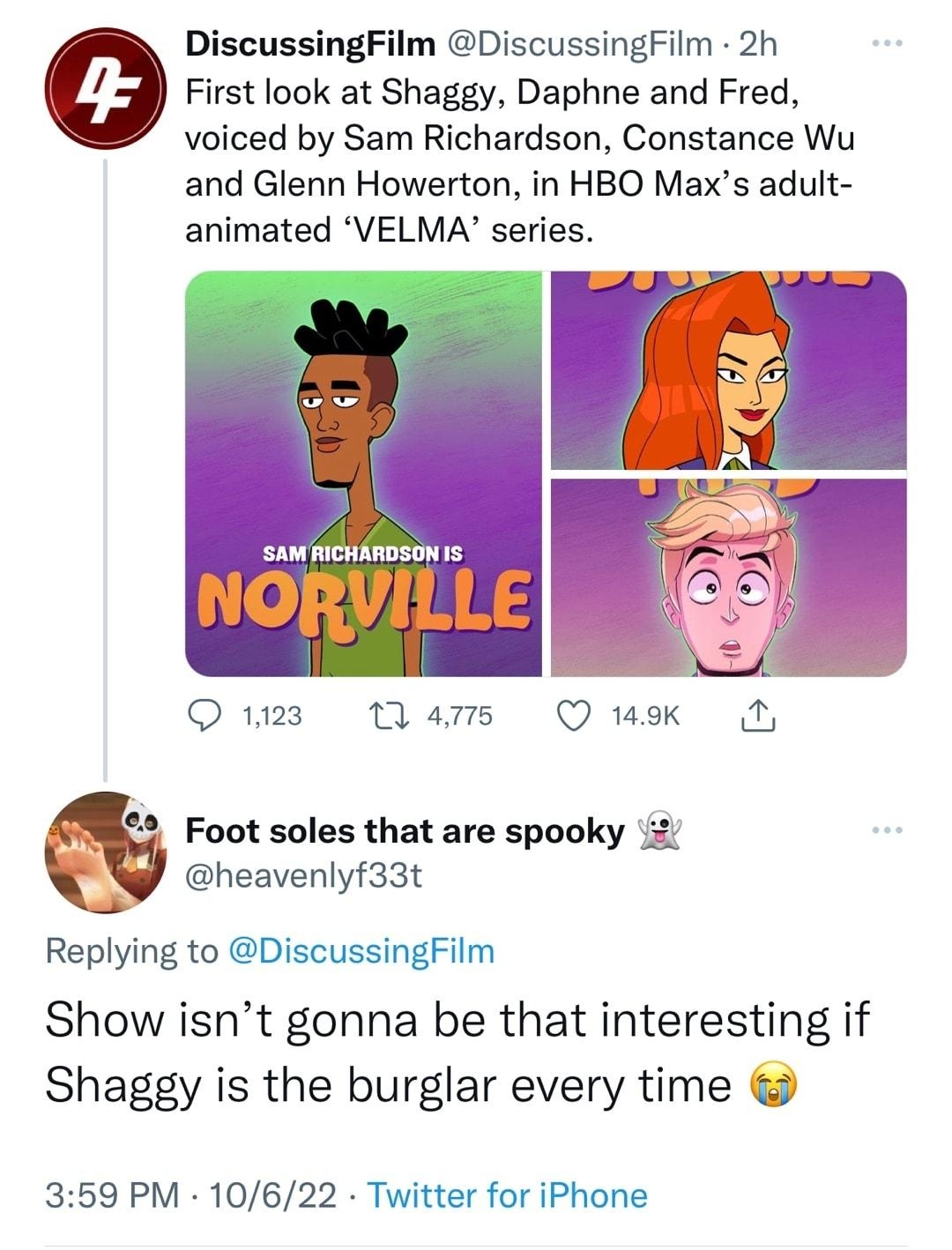 DiscussingFilm DiscussingFilm 2h First look at Shaggy Daphne and Fred voiced by Sam Richardson Constance Wu and Glenn Howerton in HBO Maxs adult animated VELMA series Qs Wams O uek N Foot soles that are spooky 2 heavenlyf33t Replying to DiscussingFilm Show isnt gonna be that interesting if Shaggy is the burglar every time 359 PM 10622 Twitter for iPhone 2 Retweets 27 Likes o e i