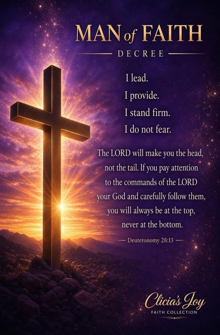 MAN of FAITH DECREE I lead. I provide. I stand firm. I do not fear. The LORD will make you the head, not the tail. If you pay attention to the commands of the LORD your God and carefully follow them, you will always be at the top, never at the bottom. — Deuteronomy 28:13 — Clicia's Joy FAITH COLLECTION
