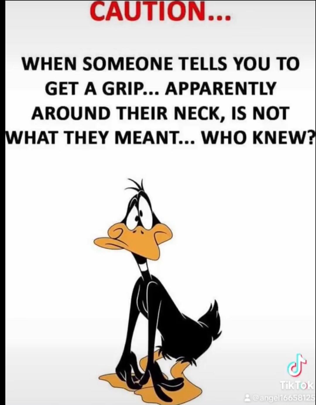 CAUTION... WHEN SOMEONE TELLS YOU TO GET A GRIP... APPARENTLY AROUND THEIR NECK, IS NOT WHAT THEY MEANT... WHO KNEW?