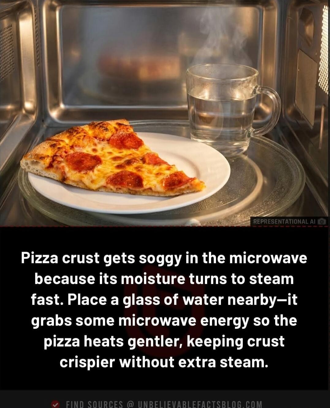 Pizza crust gets soggy in the microwave because its moisture turns to steam fast. Place a glass of water nearby—it grabs some microwave energy so the pizza heats gentler, keeping crust crispier without extra steam.