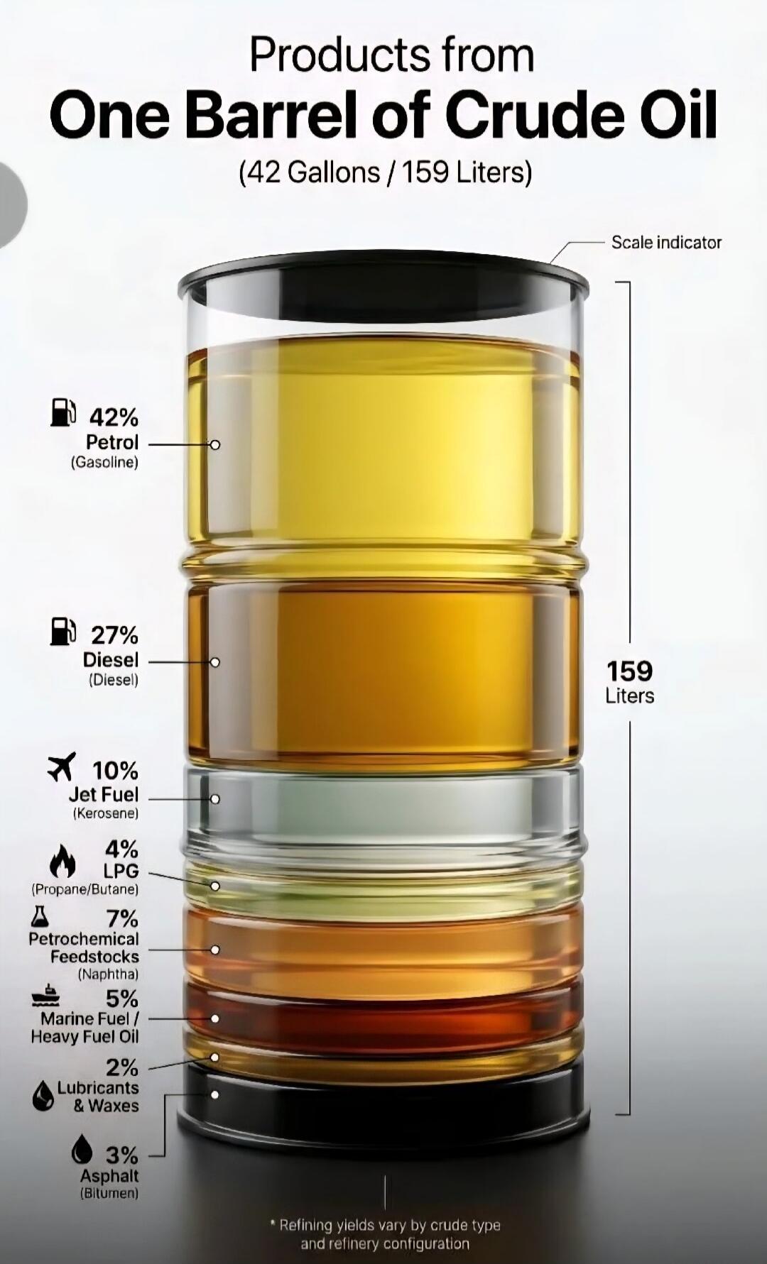 Products from One Barrel of Crude Oil (42 Gallons / 159 Liters) Scale indicator 159 Liters 42% Petrol (Gasoline) 27% Diesel (Diesel) 10% Jet Fuel (Kerosene) 4% LPG (Propane/Butane) 7% Petrochemical Feedstocks (Naphtha) 5% Marine Fuel / Heavy Fuel Oil 2% Lubricants & Waxes 3% Asphalt (Bitumen) * Refining yields vary by crude type and refinery config