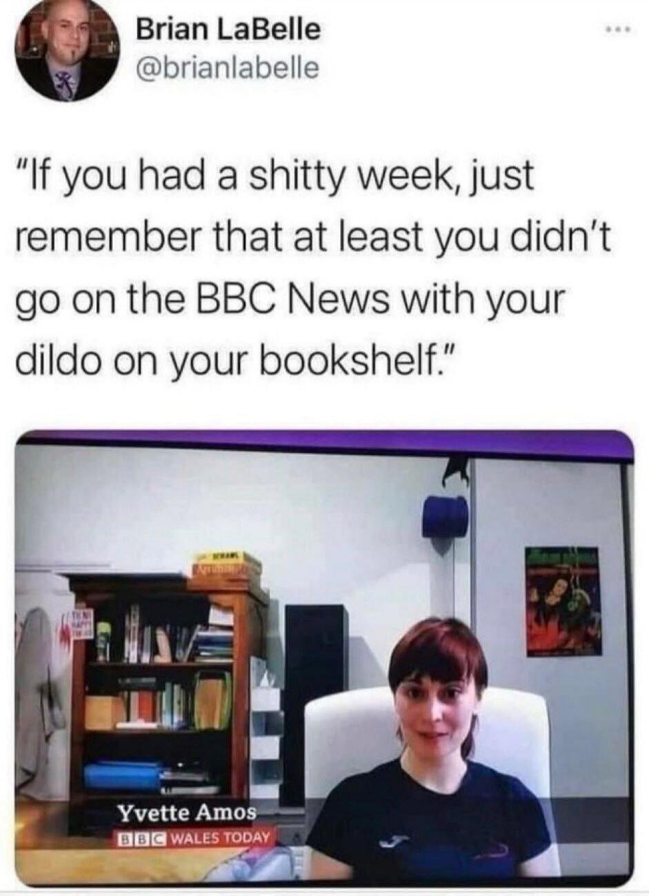If you had a shitty week, just remember that at least you didn't go on the BBC News with your dildo on your bookshelf. Yvette Amos, BBC Wales Today.
