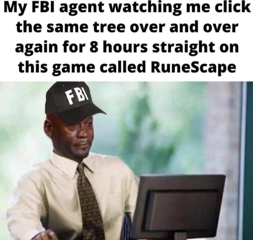 My FBI agent watching me click the same tree over and over again for 8 hours straight on this game called RuneScape v