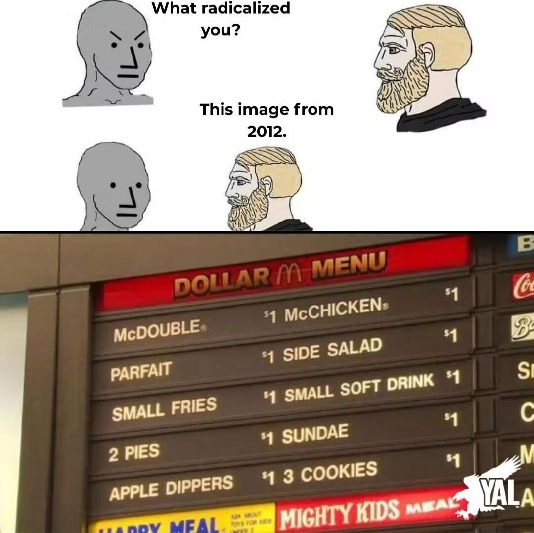 What radicalized you? This image from 2012. McDOUBLE — $1, McCHICKEN — $1, PARFAIT — $1, SIDE SALAD — $1, SMALL FRIES — $1, SMALL SOFT DRINK — $1, 2 PIES — $1, SUNDAE — $1, 3 COOKIES — $1, APPLE DIPPERS — $1