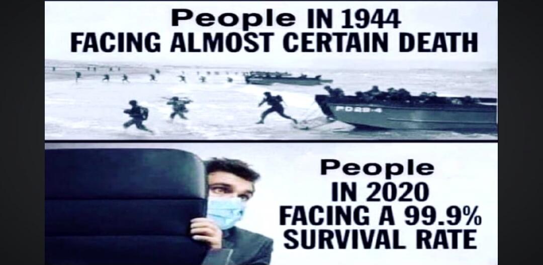 People IN 1944 FACING ALMOST CERTAIN DEATH\nPeople IN 2020 FACING A 99.9% SURVIVAL RATE