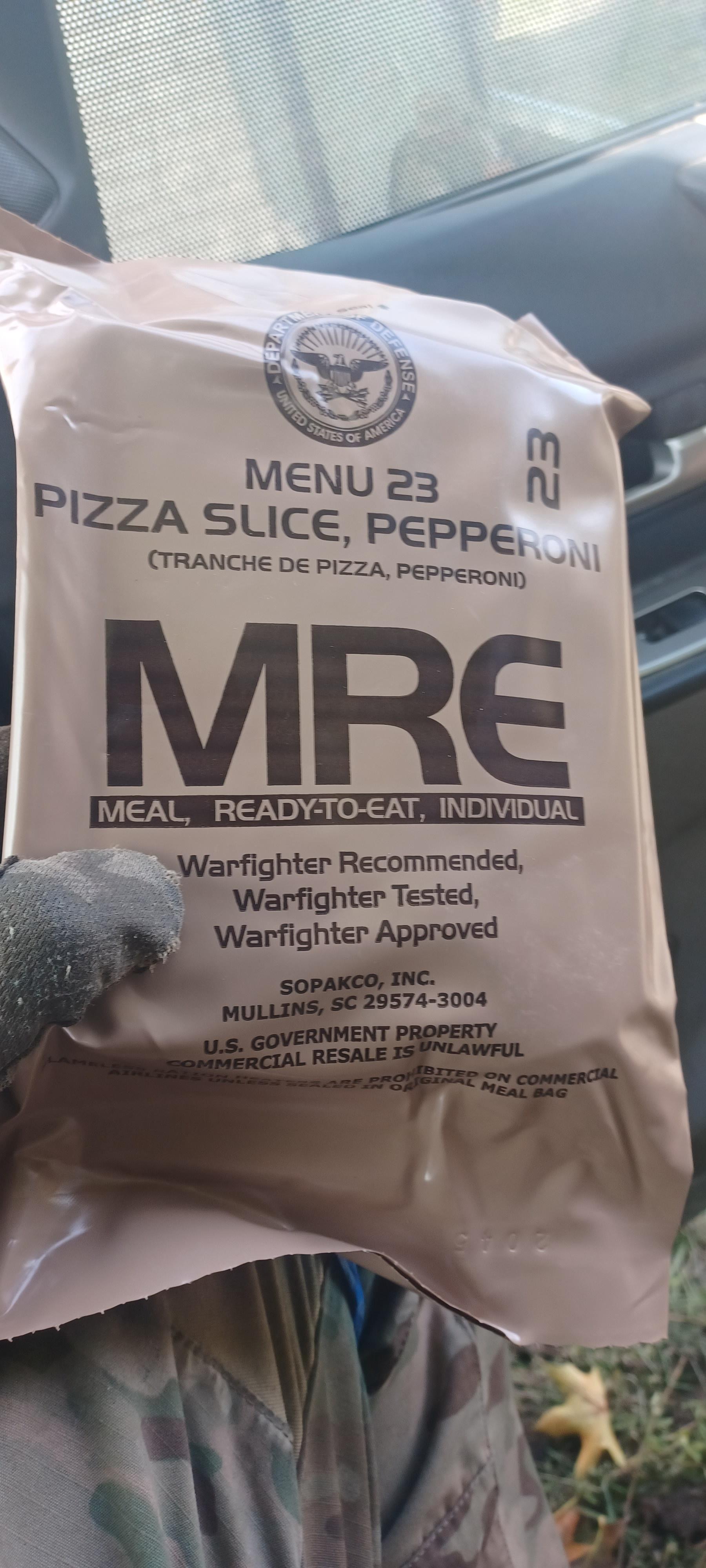 m MENU 23 PI2ZA suice peppe mCHEDEFImPEPPEWN INL MRE MEAL RGADVTO EAT INDIVIDUAL