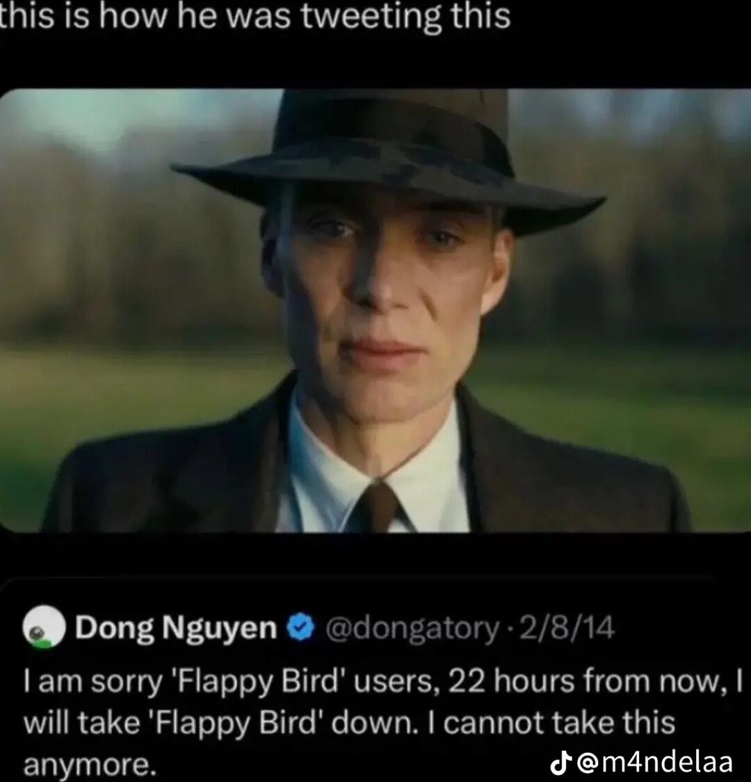 his is how he was tweeting this AW Dong Nguyen dongatory 2814 am sorry Flappy Bird users 22 hours from now will take Flappy Bird down cannot take this anymore Jmandelaa