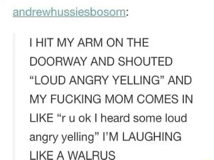 andrewhussiesbosom HIT MY ARM ON THE DOORWAY AND SHOUTED LOUD ANGRY YELLING AND MY FUCKING MOM COMES IN LIKE r u ok heard some loud angry yelling IM LAUGHING LIKE A WALRUS