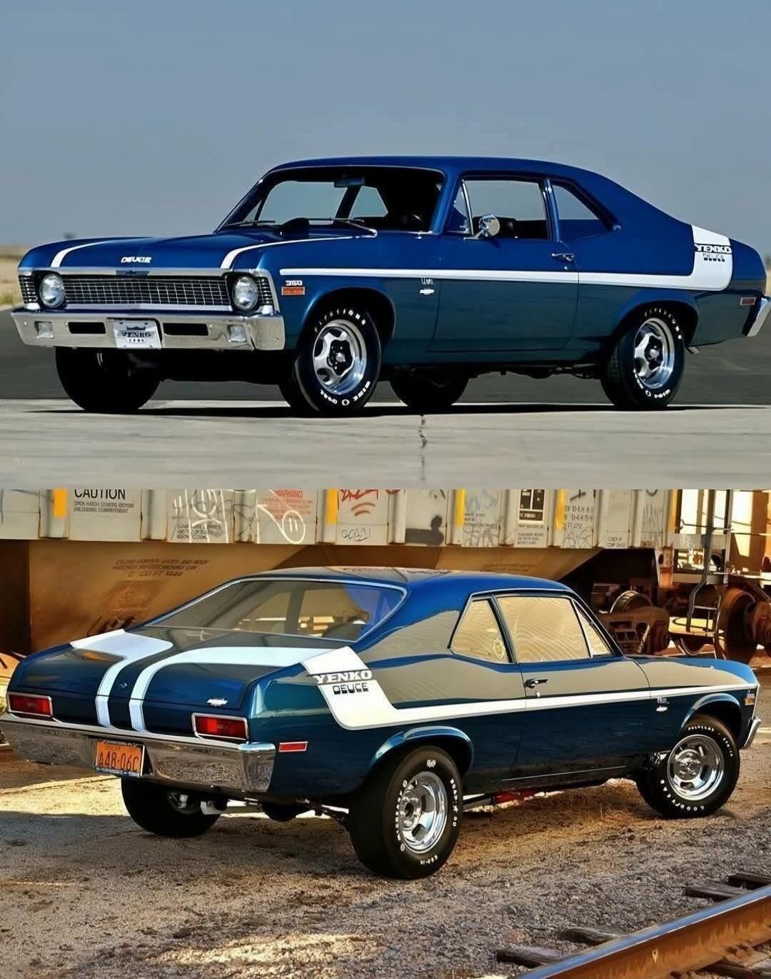 Yenko Deuce 350. License plate: TEXAS 4AB-06C. Background text: CAUTION, WARNING.