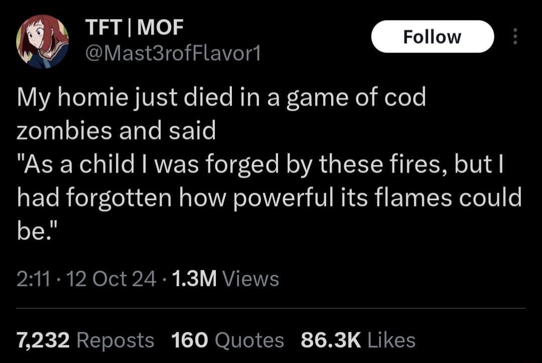 TFT MOF Fol o My homie just died in a game of cod zombies and said As a child was forged by these fires but had forgotten how powerful its flames could be 211 12 Oct 24 13M Views 7232 Reposts 160 Quotes 863K Likes