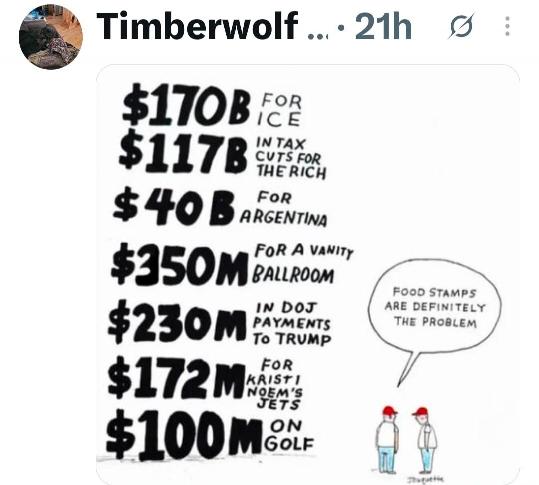 $170B FOR ICE
$117B IN TAX CUTS FOR THE RICH
$40B FOR ARGENTINA
$350M FOR A VANITY BALLROOM
$230M IN DOJ PAYMENTS TO TRUMP
$172M FOR KRISTI NOEM'S JETS
$100M ON GOLF
FOOD STAMPS ARE DEFINITELY THE PROBLEM