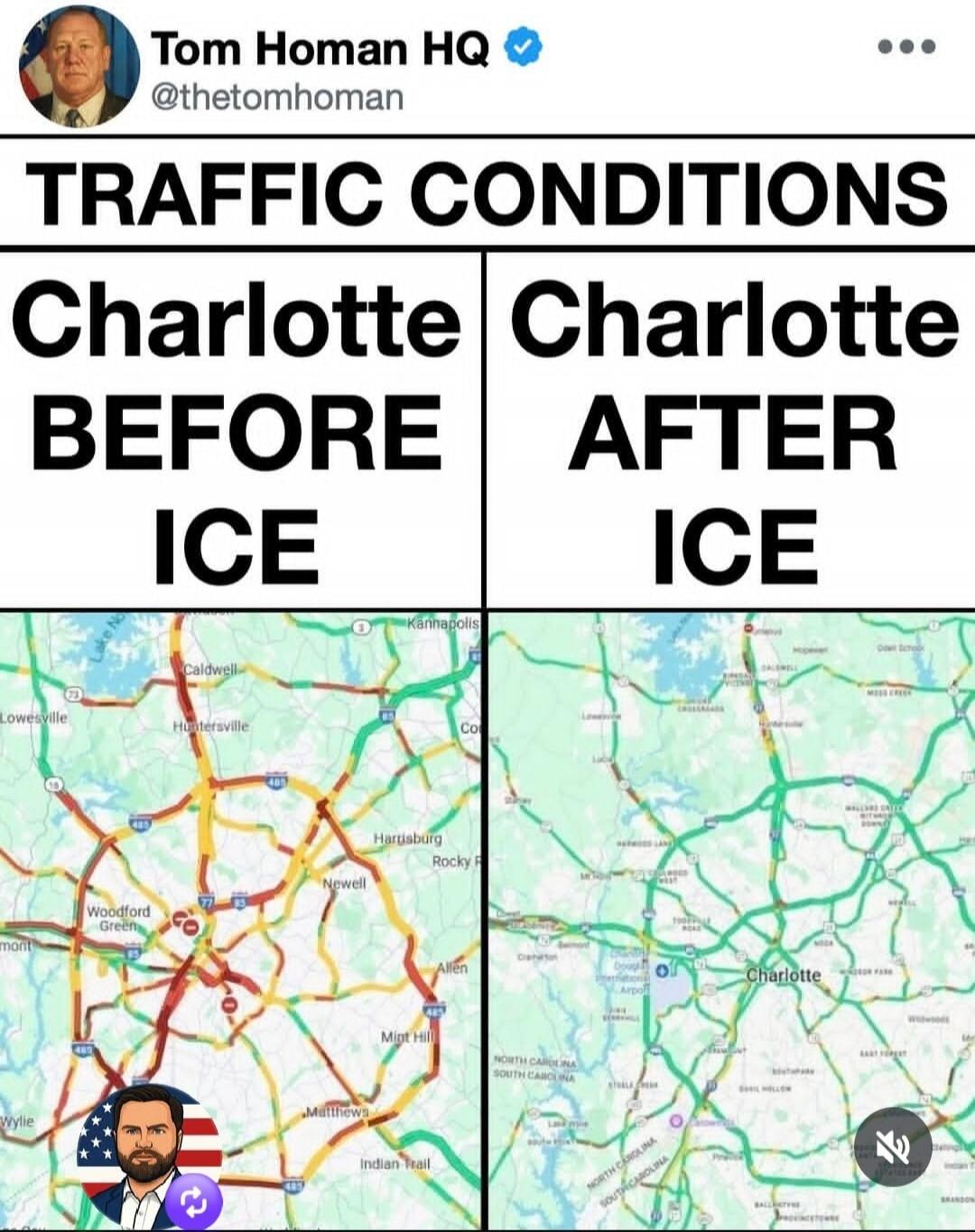 Tom Homan HQ @thetomhoman TRAFFIC CONDITIONS Charlotte BEFORE ICE Charlotte AFTER ICE