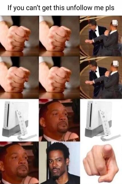 If you can't get this unfollow me pls. The meme depicts fists representing 'rock', Will Smith slapping Chris Rock representing 'paper', and a Nintendo Wii console representing 'scissors'. It also shows Will Smith's reaction, Chris Rock's face, and a pointing finger.