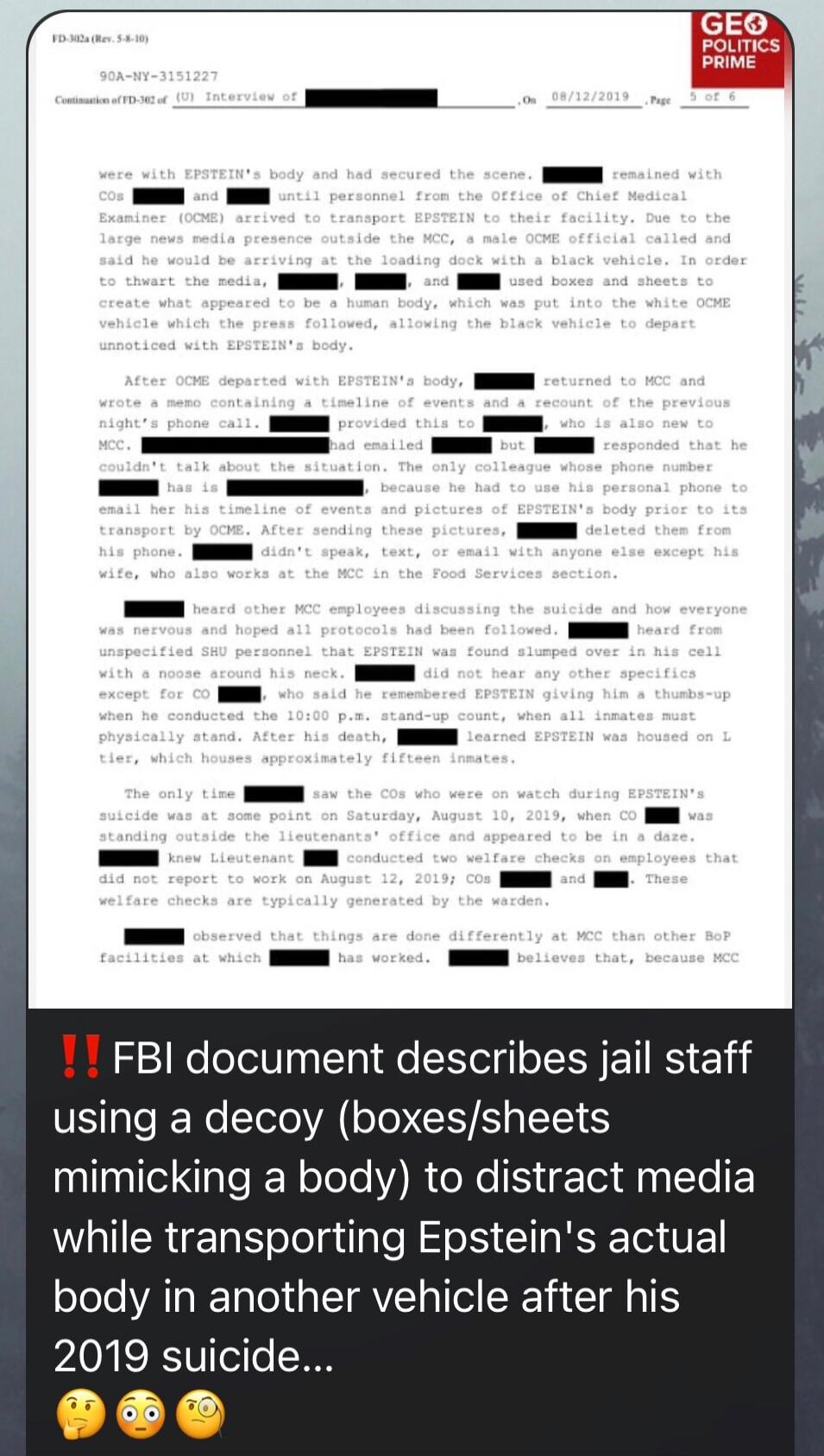FBI document describes jail staff using a decoy (boxes/sheets mimicking a body) to distract media while transporting Epstein's actual body in another vehicle after his 2019 suicide...