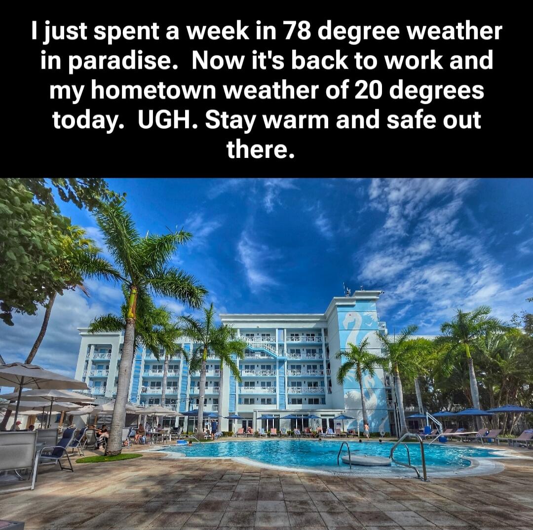 I just spent a week in 78 degree weather in paradise. Now it's back to work and my hometown weather of 20 degrees today. UGH. Stay warm and safe out there.