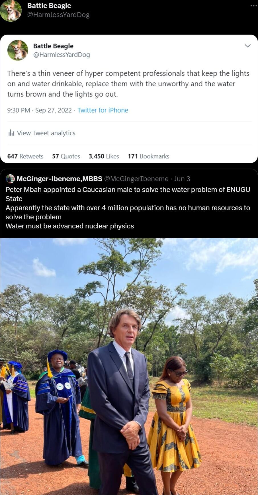 Battle Beagle e Battle Beagle them with the unworthy and the water D McGinger Ibeneme MBBS Peter Mbah appointed a Caucasian male to sove the water problem of ENUGU state Apparently the state with over 4 millon population has o human resources to solve the problem A T