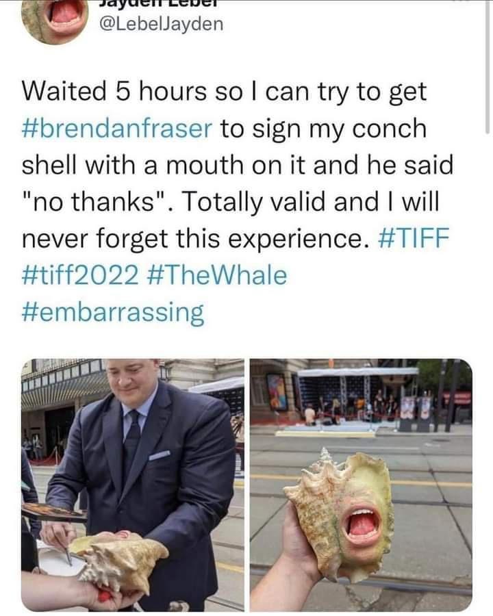 I l i P s i c Lebellayden Waited 5 hours so can try to get brendanfraser to sigh my conch shell with a mouth on it and he said no thanks Totally valid and will never forget this experience TIFF 1iff2022 TheWhale embarrassing