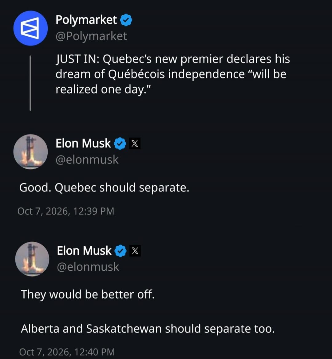 Polymarket reports that Quebec's new premier declared his dream of Québécois independence 