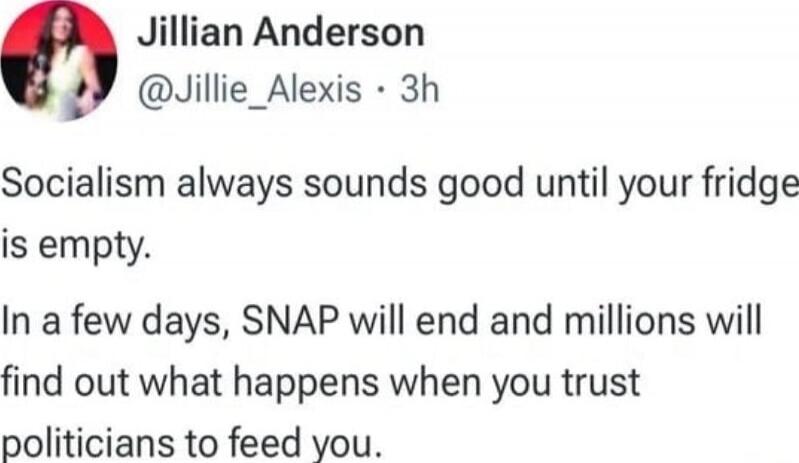 Socialism always sounds good until your fridge is empty. In a few days, SNAP will end and millions will find out what happens when you trust politicians to feed you.