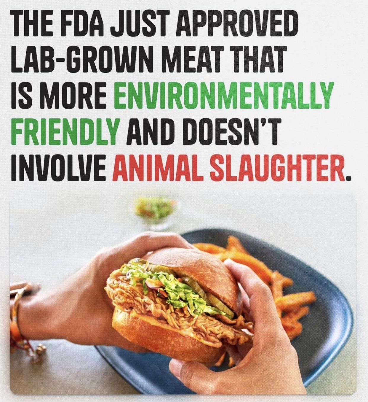 THE FDA JlIST APPRIJUED LAB GROWN MEAT THAT IS MORE ENVIRONMENTALLY FRIENDLY AND DOESNT INVOLVE
