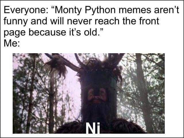 Everyone Monty Python memes arent funny and will never reach the front page because its old