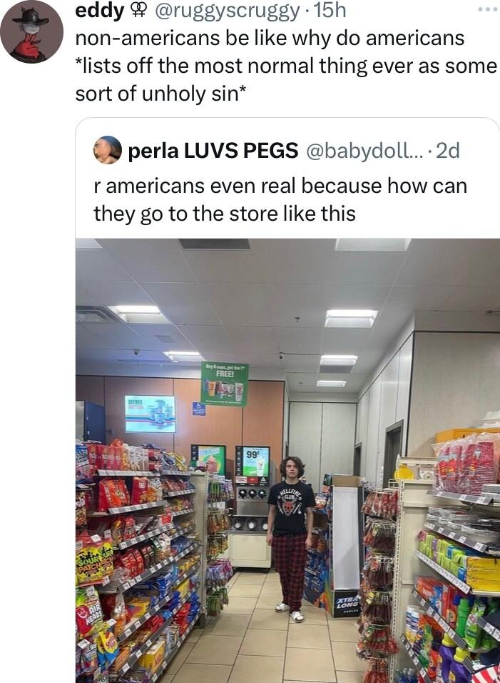 eddy ruggyscruggy 15h non americans be like why do americans lists off the most normal thing ever as some sort of unholy sin perla LUVS PEGS babydoll 2d ramericans even real because how can they go to the store like this