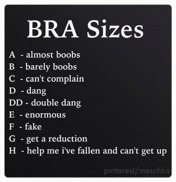 BRA Sizes\nA - almost boobs\nB - barely boobs\nC - can't complain\nD - dang\nDD - double dang\nE - enormous\nF - fake\nG - get a reduction\nH - help me i've fallen and can't get up