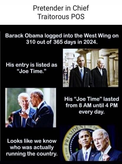 Pretender in Chief. Traitorous POS. Barack Obama logged into the West Wing on 310 out of 365 days in 2024. His entry is listed as 
