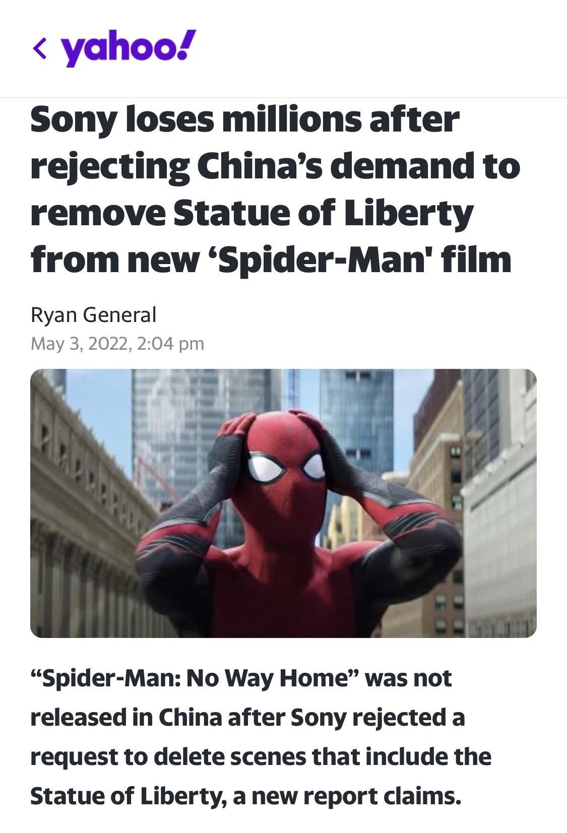 Sony loses millions after rejecting Chinas demand to remove Statue of Liberty from new Spider Man film Ryan General May 3 2022 204 pm Spider Man No Way Home was not released in China after Sony rejected a request to delete scenes that include the Statue of Liberty a new report claims