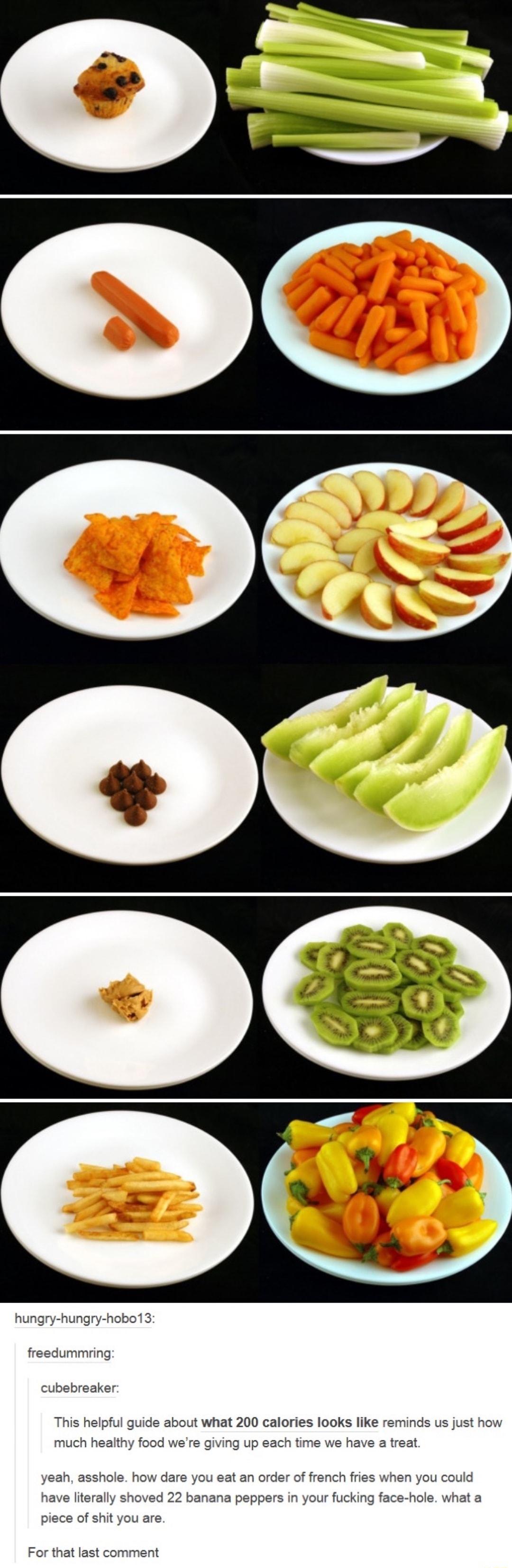 hungry hungry hobo13 freedummring cubebreaker This helpful guide about what 200 calories looks like reminds us just how much healthy food were giving up each time we have a treat yeah asshole how dare you eat an order of french fries when you could have literally shoved 22 banana peppers in your fucking face hole what a piece of shit you are For that last comment