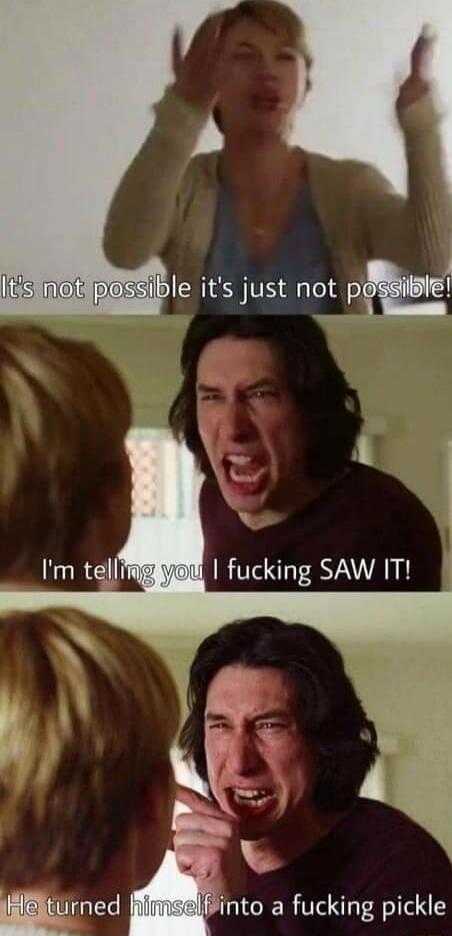 It's not possible it's just not possible!\nI'm telling you I fucking SAW IT!\nHe turned himself into a fucking pickle