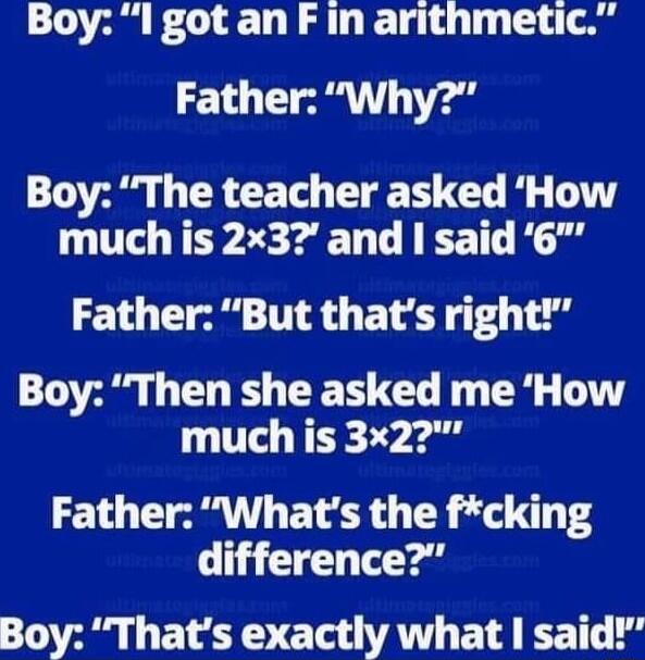 Boy l got an F in arithmetic Father Why T 1 CR T T L T much is 2x3 and said 6 Father But thats right 20 1 U R TG G T much is 3x2 Father Whats the fcking difference Boy Thats exactly what said