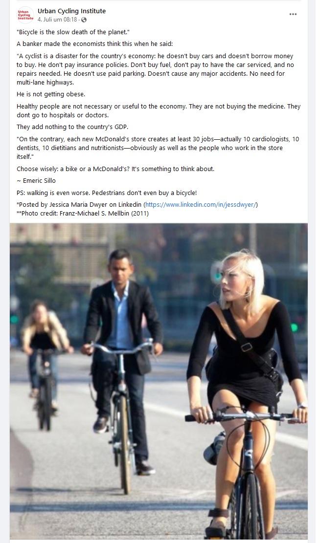 Urban Cyding nstute Syl i the s desth of he plnet A anker mcith economist think i vhen h ssic ycistis a dsate for the countrys economy h dossn by cas and doesnt borrow money 10 buy He donpay msirane polcies Do buy fel dont pay 1 have the car seced and no epars nede He doestuse paid parking Doest cause any major accdsrts o need for et Heis not getting obese Hestthy people ar not neceszary o usfl o 