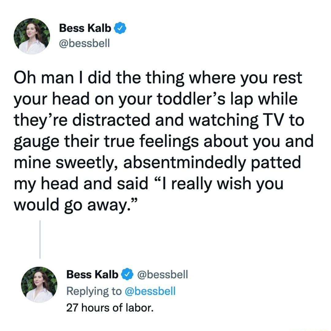Bess Kalb bessbell Oh man did the thing where you rest your head on your toddlers lap while theyre distracted and watching TV to gauge their true feelings about you and mine sweetly absentmindedly patted my head and said I really wish you would go away a Bess Kalb bessbell Replying to bessbell 27 hours of labor