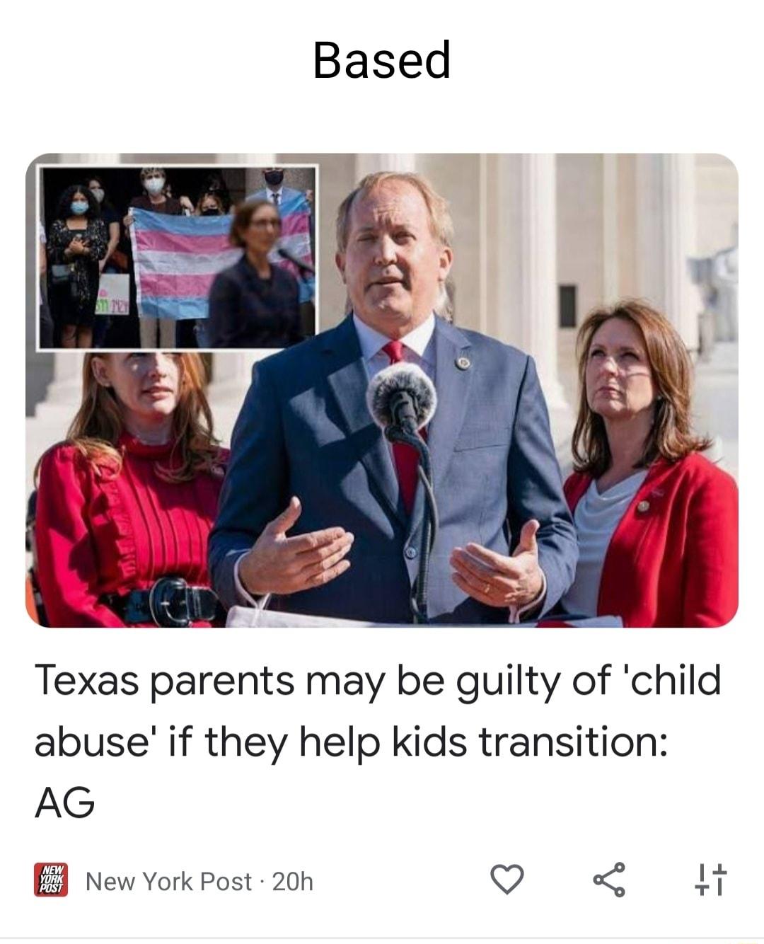 Texas parents may be guilty of child abuse if they help kids transition AG New York Post 20h QO 1