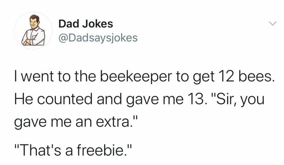 Dad Jokes Dadsaysjokes went to the beekeeper to get 12 bees He counted and gave me 13Sir you gave me an extra Thats a freebie